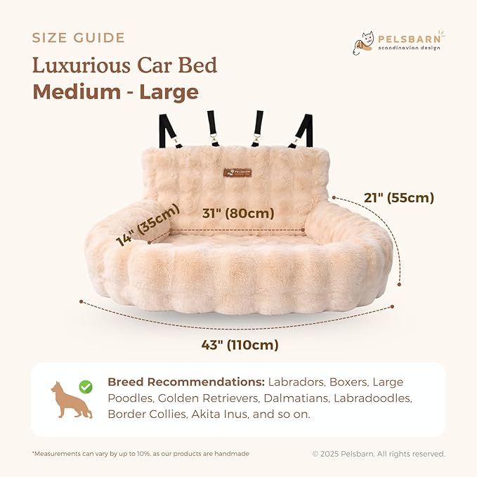 Pelsbarn Luxurious Cozy Car Bed - M/L Luxury Travel Dog Bed with Safety Belt - Ultra Soft Faux Fur - Beige