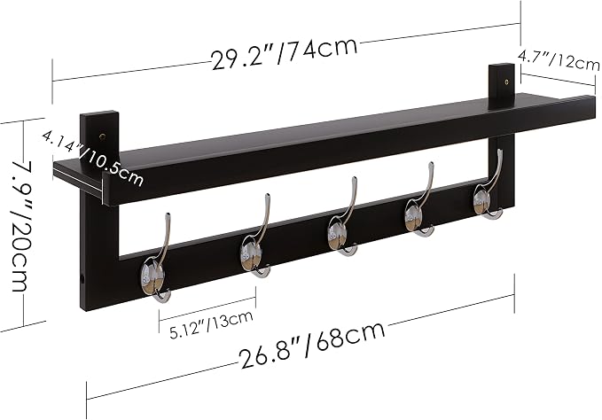 SMIBUY Coat Hooks with Shelf Wall-Mounted, 29.2 Inch Entryway Coat Rack for Wall, Bamboo Hanging Shelf with 5 Double Metal Hooks for Bathroom, Bedroom, Kitchen, Living Room, Mudroom (Black+Silver) - Image 4