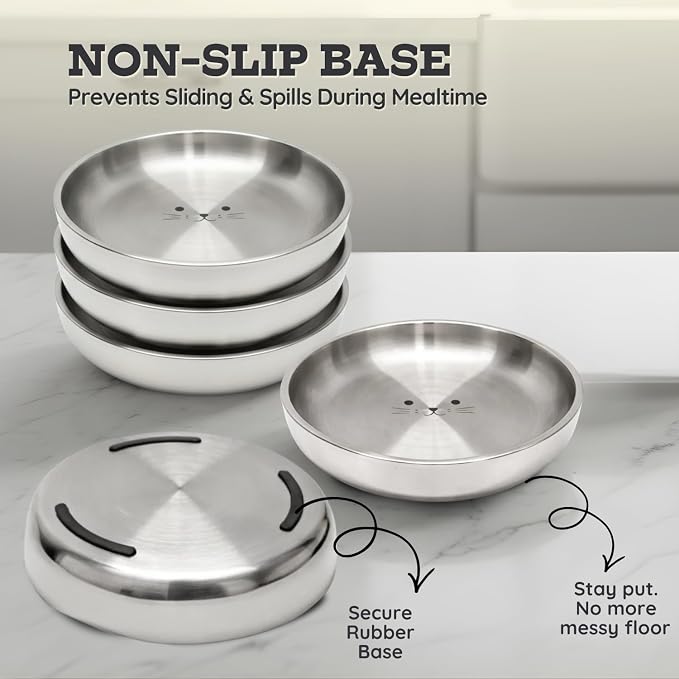 Stainless Steel Cat Food Bowl, 16 oz / 2 Cup Each, Heavy Duty Double Wall Insulated, Shallow Whisker-Friendly Design, Non-Slip Flat Base Dish for Cats & Kittens, D/W Safe (Pack of 4) - Image 9