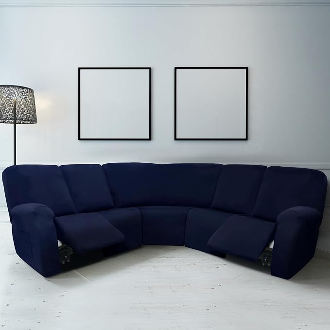 Peryiter 7 Pcs L Shape Sectional Recliner Sofa Covers 5 Seat Sectional Couch Covers Milk Silk Velvet Stretch Reclining Sofa Slipcover Furniture Protector for Living Room(Navy Blue,Milk Silk) - Image 2
