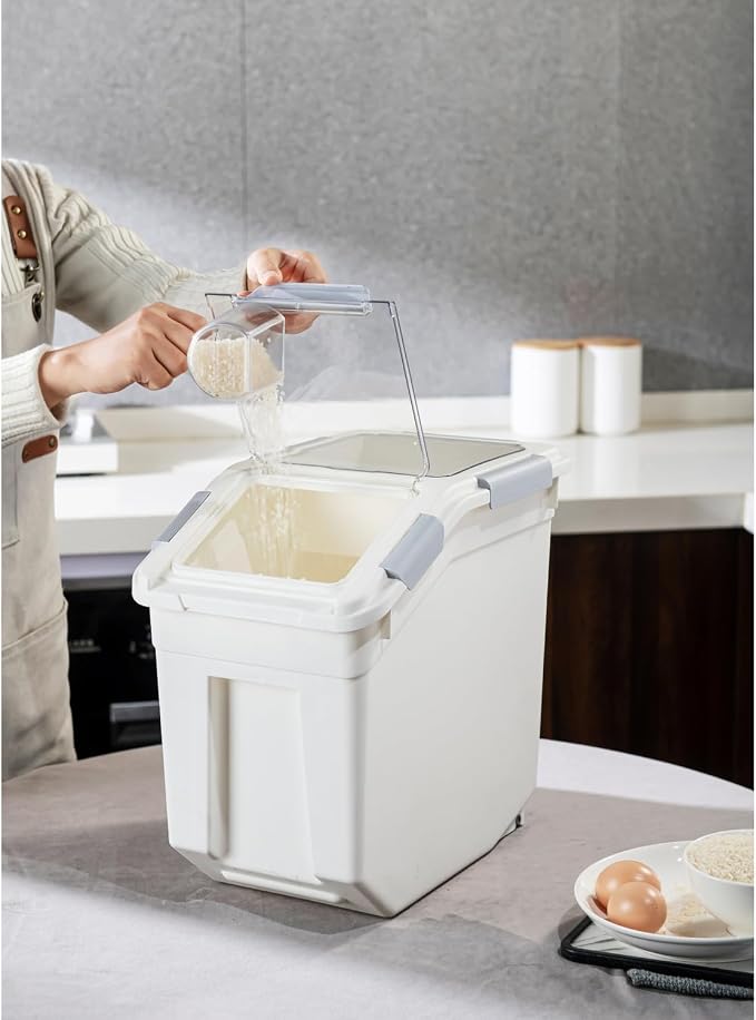 HANAMYA 32.5 Liter / 35 lbs Pet Food Storage Container with Measuring Cup, BPA free, For Dog Food | Cat Food | Rice | Grain | Flour, White & Gray, 2 counts - Image 4