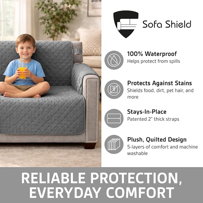 Sofa Shield 100% Waterproof Couch Cover with Patented Straps, Slip & Stain Resistant Furniture Protector, Machine Washable Sofa Slipcover for Dogs Cats Pets Kids, 23 inch Seat, Armchair, Dark Gray - Image 2