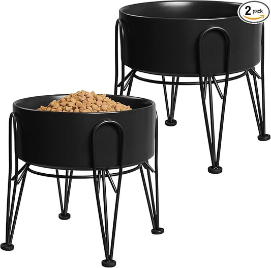 Elevated Dog Bowls, Ceramic Raised Dog Bowl Set with Anti-Slip and Non-Tip Metal Stand, 2 Pack Pet Food and Water Feeding Bowls for Small and Medium Dogs (Black,7.6 Cups) by Kitwinney