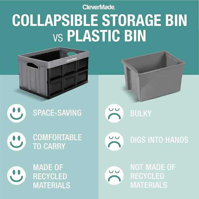 CleverMade Collapsible Storage Bins, 62L, 3 Pack, Obsidian | Extra-large bins support 100 lb for groceries, tools, and gear. They stack securely and fold to 2.75 inches for storage. - Image 3