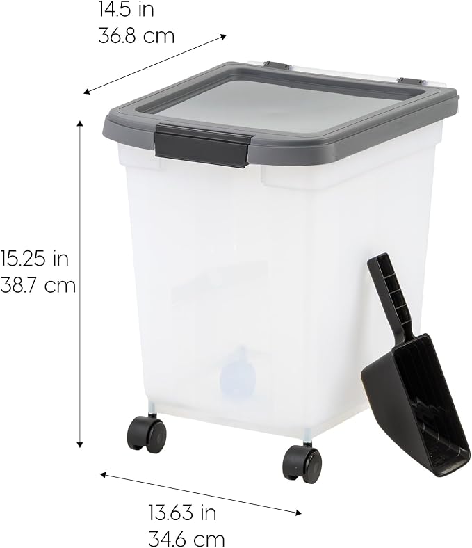 IRIS USA Airtight Dog Food Storage Container 25 lbs, Removable Wheels, for Dog Cat Bird and Other Pets, Food Storage Bin, Keep Fresh, Made in USA, Clear/Dark Gray - Image 2