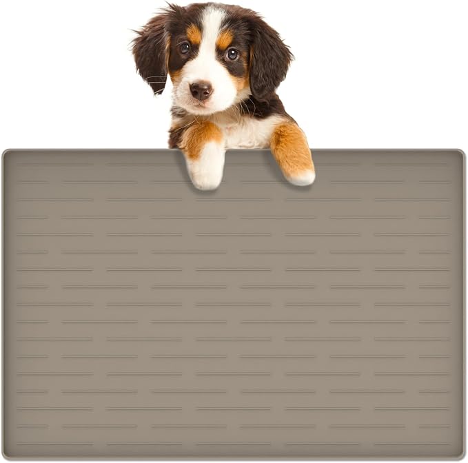 24"x16" Large Dog Food Mat, Silicone Dog and Cat Mats for Food and Water Bowls, Waterproof Raised Edge Pet Feeding Mat for Contain Spills Protects Floors, Multiple Colors & Sizes for Pets, Brown by Goldleaf