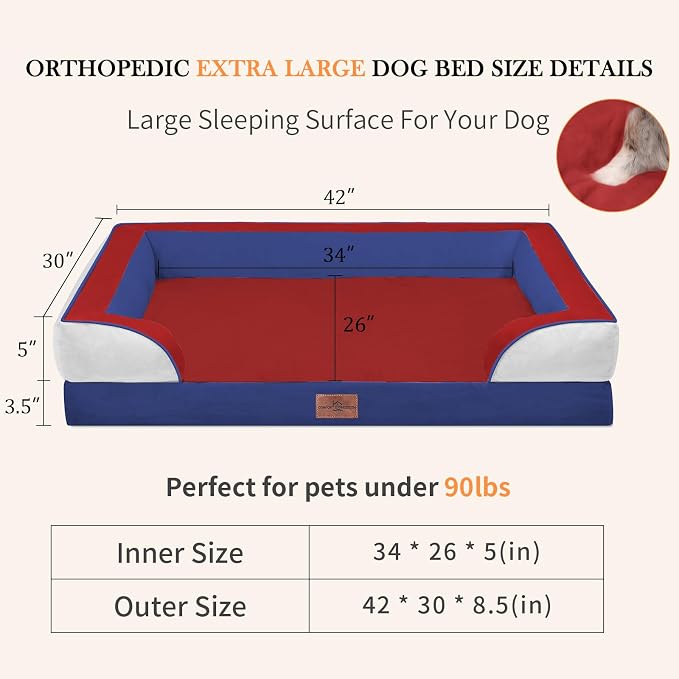 Comfort Expression Orthopedic Dog Bed for Extra Large Dogs with Bolster | Waterproof Dog Couch Bed with Washable Cover & Non-Slip Bottom, Supportive Egg Crate Foam XL Pet Bed, 42x30 Inch - Image 7