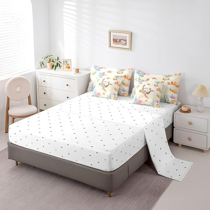 Erosebridal Kids Turtle 7-Piece Bedding Set King Size, Reptile Tortoise Bed in A Bag, Underwater World Sea Animal Comforter Set with Sheets, Lovely Starfish Bedding Comforter Sets - Image 4