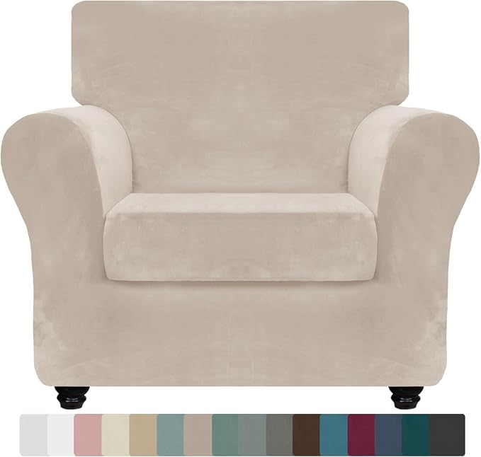 ZNSAYOTX Luxury Velvet Chair Slipcovers with Arms 2 Piece Stretch Chair Covers for Living Room Thick Soft Armchair Slipcover Anti Slip Dog Pet Friendly Furniture Protector (Khaki),30"-47"(1 Cushion) by ZNSAYOTX