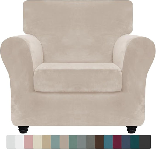 ZNSAYOTX Luxury Velvet Chair Slipcovers with Arms 2 Piece Stretch Chair Covers for Living Room Thick Soft Armchair Slipcover Anti Slip Dog Pet Friendly Furniture Protector (Khaki),30"-47"(1 Cushion) by ZNSAYOTX