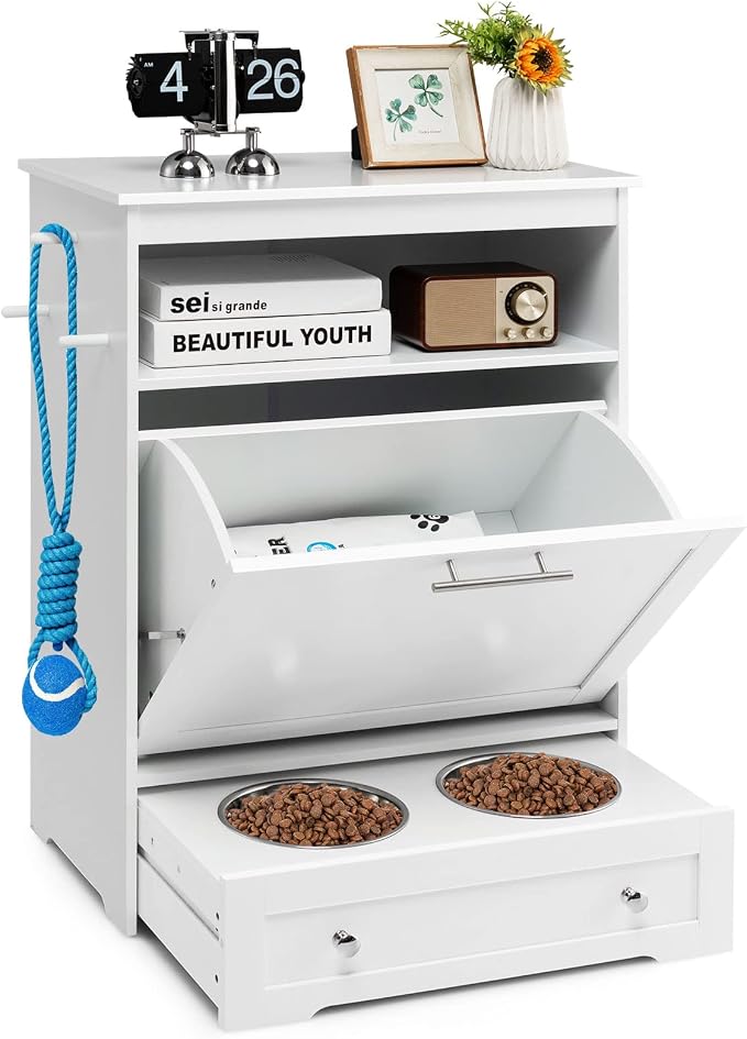 Tangkula Pet Feeder Station, Dog Food Storage Container with Double Pull Out Dog Bowls, Pet Food Toy Organizer Cabinet, Pet Feeding Station Furniture for Dogs Cats Feeding & Watering Supplies (White) by TANGKULA