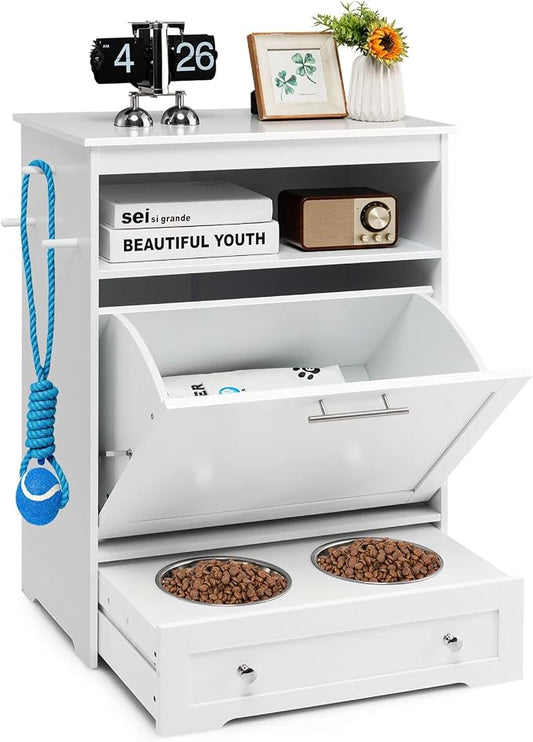 Tangkula Pet Feeder Station, Dog Food Storage Container with Double Pull Out Dog Bowls, Pet Food Toy Organizer Cabinet, Pet Feeding Station Furniture for Dogs Cats Feeding & Watering Supplies (White) by TANGKULA