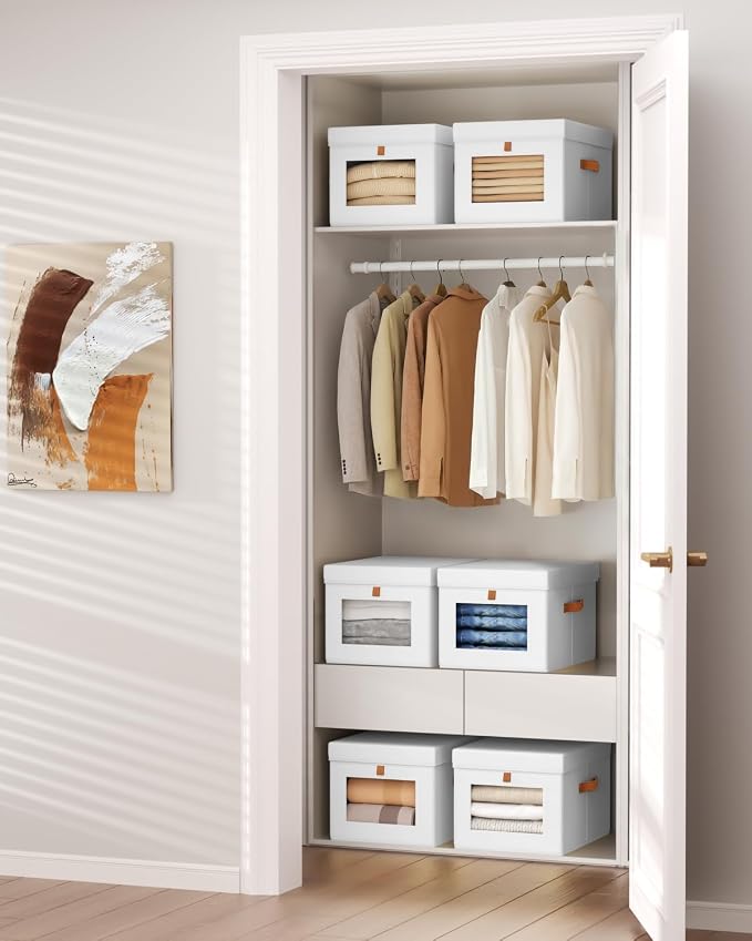 Homsorout Storage Bins with Lid – Closet Organizer with Side Opening and Clear Window, Foldable Stackable Fabric Basket for Clothes, Home, Office - 13.77" x 11.8" x 9.8", 3 Pack, White - Image 5