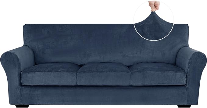 XINEAGE 4-Piece Velvet Sofa Cover,Couch Covers for Dog,Navy Blue | 3 Cushion Sofa,Stretch Non-slip Elastic, Pet-friendly, Washable, Fast Setup, Soft Plush Fabric, Furniture Protector. by XINEAGE