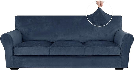 XINEAGE 4-Piece Velvet Sofa Cover,Couch Covers for Dog,Navy Blue | 3 Cushion Sofa,Stretch Non-slip Elastic, Pet-friendly, Washable, Fast Setup, Soft Plush Fabric, Furniture Protector. by XINEAGE