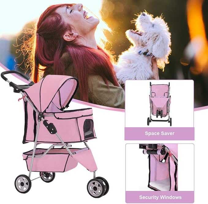 BestPet 3 Wheels Pet Dog Stroller Cat Cage for Medium Small Dogs Cats Travel Folding Carrier Waterproof Puppy Stroller with Cup Holder & Removable Liner,Pink