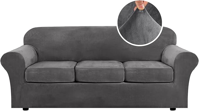 H.VERSAILTEX 4 Pieces Thick Velvet Sofa Covers Couch Covers for 3 Cushion Couch Sofa High Stretch Slipcovers Furniture Protector Form Fit Luxury Couch Cover for Dogs Width Up to 90 Inch(Sofa,Grey) by HVERSAILTEX
