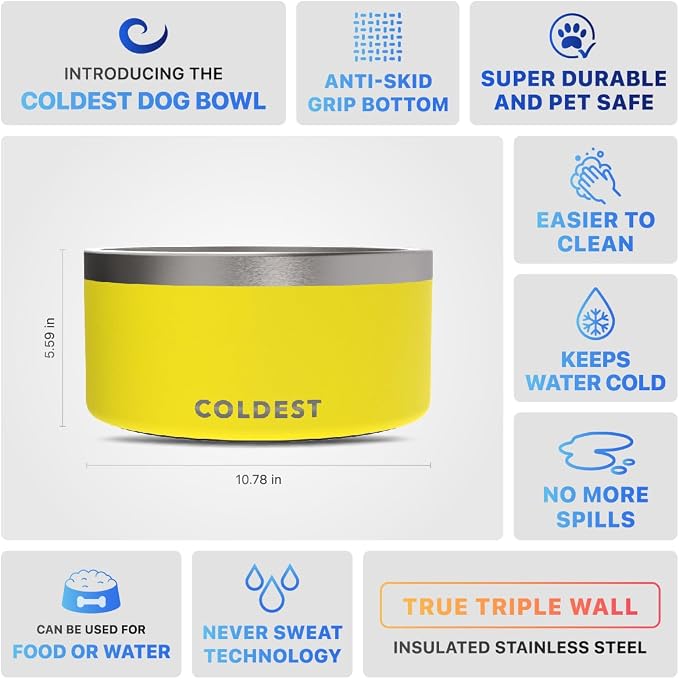 Coldest Dog Bowl - Anti Rust Metal, Non Slip, 3 Layers Insulated Stainless Steel Dog Bowls - Spill Proof & Heavy Duty - Water Bowl for Dogs, Cats & Pets, Dish Washer Safe (200 oz, Solar Yellow) - Image 5
