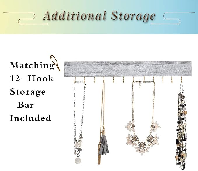 GLANT Rustic Wall Mounted Jewelry Organizer with Wooden Barndoor Decor,Wooden Wall Mount Holder,Jewelry holder for Necklaces, Earings, Bracelets, Ring Holder. (White) - Image 4
