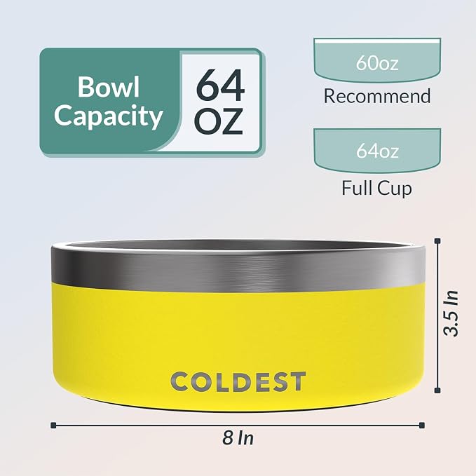 Coldest Dog Bowl - Anti Rust Metal, Non Slip, 3 Layers Insulated Stainless Steel Dog Bowls - Spill Proof & Heavy Duty - Water Bowl for Dogs, Cats & Pets, Dish Washer Safe (64 oz, Solar Yellow) - Image 4