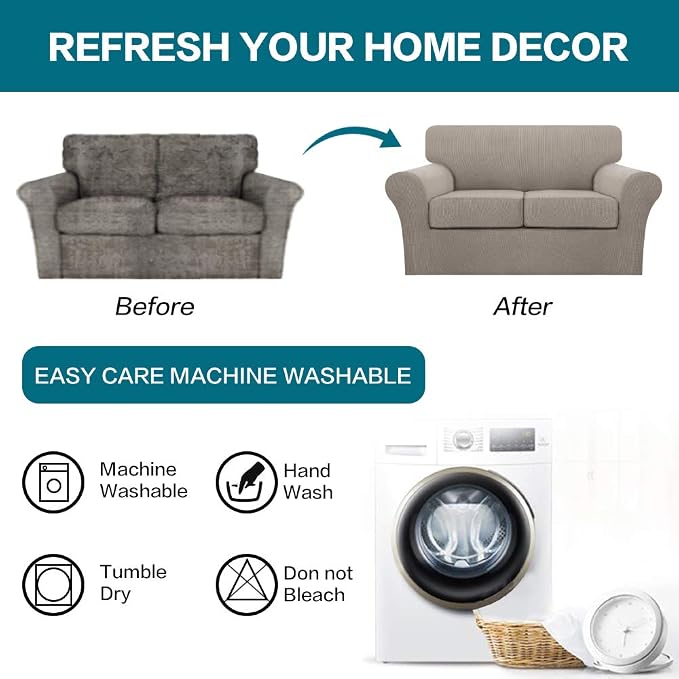 Turquoize 3 Piece Sofa Covers for 2 Cushion Couch Sofa Slipcover Soft Couch Cover for Dogs-Washable Sofa Furniture Covers with 2 Individual Cushion Covers, Thick Jacquard Fabric (Loveseat, Taupe) - Image 7