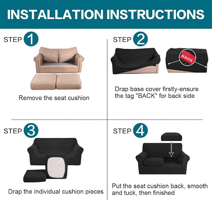 Turquoize 3 Piece Sofa Covers for 2 Cushion Couch Sofa Slipcover Soft Couch Cover for Dogs-Washable Sofa Furniture Covers with 2 Individual Cushion Covers, Feature Jacquard Fabric (Loveseat, Black) - Image 6