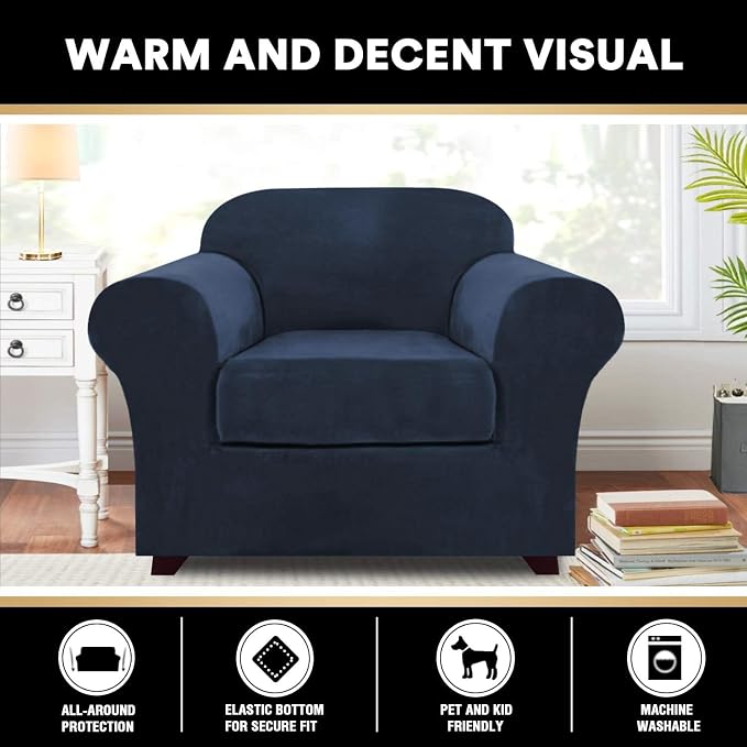 PrinceDeco Velvet Plush Couch Cover Stretch 2 Piece Chair Cover Chair Slipcover Washable Furniture Protector Couch Soft with Elastic Bottom Armchair Cover Width Up to 49 Inch(Small,Navy) - Image 6