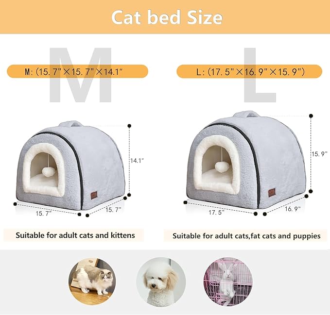 Cat Bed for Indoor Cats，Foldable cat cave，Anti-Slip & Water-Resistant Bottom，cat Houses for Indoor Cats or Small Dogs, Kitten Tent, Rabbit Bed，2 in 1 pet Bed (Grey) - Image 6