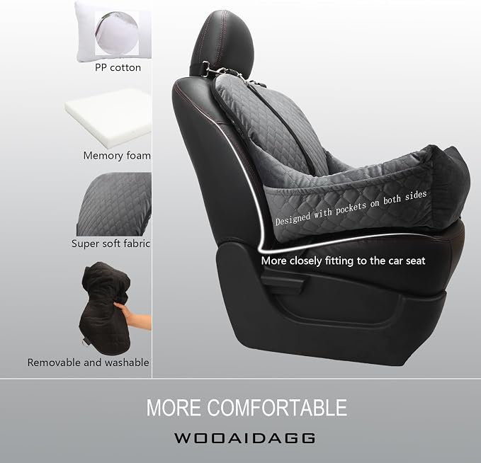 WOOAIDAGG Dog Car Seat,Fully Detachable and Washable Cover,Easy to Assemble,Comfy Cushion Fill in Memory Foam,2 Clip-On Safety Leashes and Storage Pockets (Grey) - Image 3