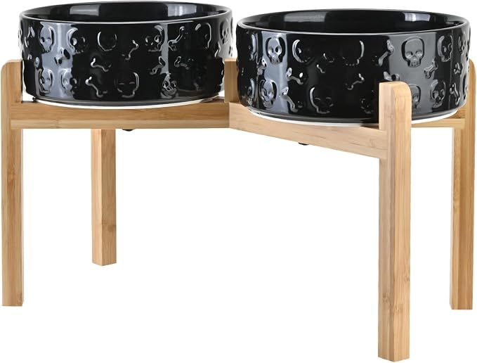 SPUNKYJUNKY Elevated Dog Bowls Ceramic, 8.3'' Dogs Food Water Bowls Raised with Non-Slip Bamboo Stand for Large Sized Breed Microwave Dishwasher Safe - 60 OZ,Skull Black by SPUNKYJUNKY