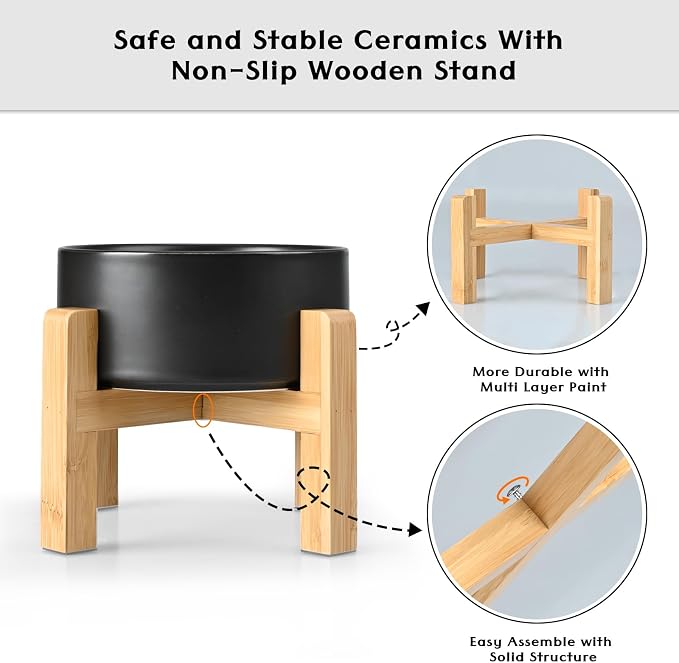 SPUNKYJUNKY Ceramic Elevated Dog Bowls 2 Pack - 5.1inch Raised Dog Bowls with Non-Slip Wooden Stand for Small Dogs Dishwasher Safe(Black,13.5OZ*2) - Image 4