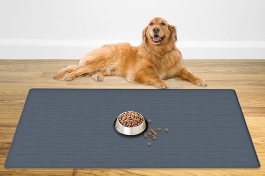 48" x 32" Largest Pet Food Mat, XXXL Silicone Dog Mats for Food and Water, Nonslip Pet Feeding Mats for Floors,Dog Cat Bowl Mat with Raised Edges, Gray Blue by WelcometoULTIBE