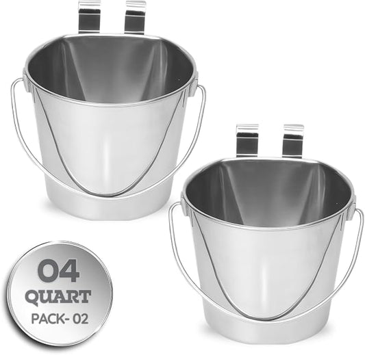 4 Quart Stainless Steel Flat Sided Bucket with Dual Hooks | 2 Pcs Durable Food & Water Bowl for Dogs Cats Goat & Livestock | Fits kennel Cage Critter Crate Hanging Pet Pail | Multipurpose by AASPIREPETS