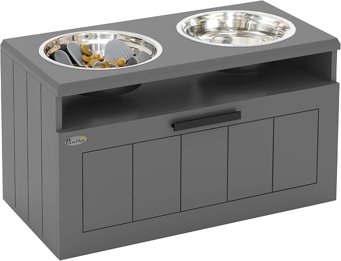 PawHut Elevated Dog Bowls Raised Dog Feeder with Storage Gray | 2 Stainless Steel Bowls, Slow Feeder Mat, Feeding Station, Large Extra Large Breeds by PawHut