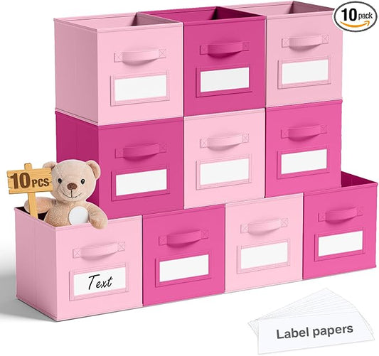 Teenyyou 10 Pack Fabric Storage Cubes 11 Inch Collapsible Cube Bins with Label Window & Handle Foldable Organizers Baskets for Shelf Closet Nursery Kids Room Clothes Book Toy(Pink, Rose Red) by Teenyyou
