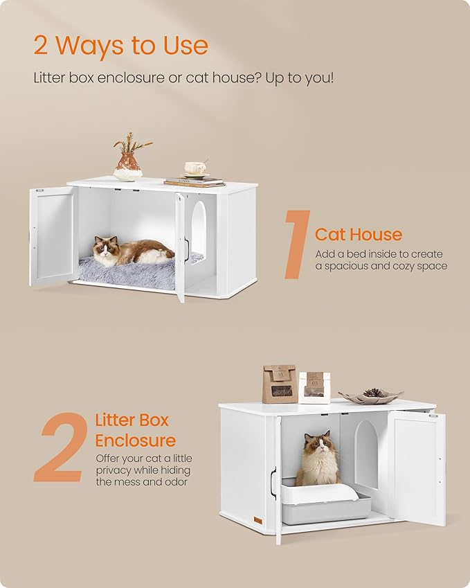 Feandrea Litter Box Enclosure, Modern Cat Litter Box Furniture Hidden, Front Entry, Double Doors, Handles, Cat House, Side End Table, 33.5 x 19 x 19.5 Inches, Cloud White UPCL012W01 - Image 3