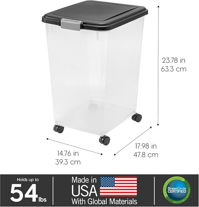 IRIS USA Airtight Dog Food Storage Container, Up to 54 lbs, Attachable Wheels, For Dog Cat Bird and Other Pet Food Storage Bin, Keep Fresh, Translucent Body, Easy Mobility, Black - Image 3