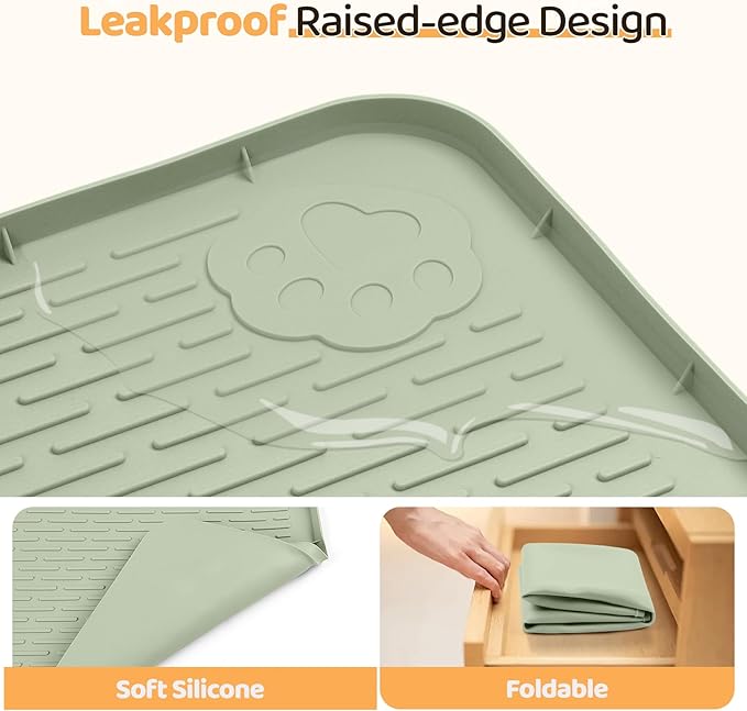Dog Food Mat 34''x22'' Extra Large Dog Mat for Food and Water, Green | Silicone Dog Bowl Mat with Raised Edge, Waterproof Non-Slip Pet Feeding Mat for Floors, fit for Dog Cat Bowls - Image 4