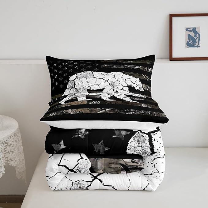 Manfei Wild Bear Down Comforter Set King Size,Wildlife Animal Camo Rustic Style Duvet/Quilt Set Soft Bed Collection Black Stripes Branch American Flag Bedding Comforter for Boys Girls Bedroom,3 Pcs - Image 5