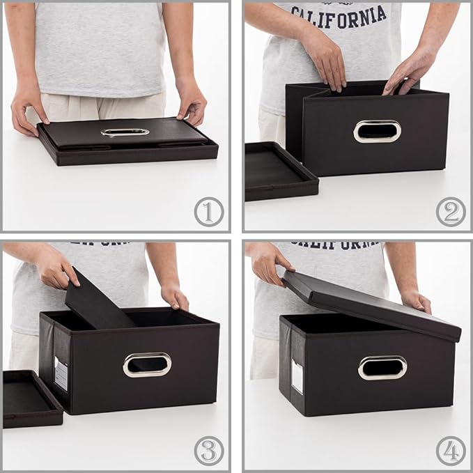 PRANDOM Collapsible Storage Box with Lid [3-Pack] Leather Fabric Foldable Storage Bin Organizer Container Basket Cube with Cover for Home Bedroom Closet Office Nursery Black(13.6x9.6x6.9) - Image 4