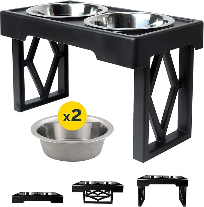 Pet Zone Designer Diner Elevated Stainless Steel Dog Bowls Set, 3 Heights | Raised stand adjusts 2.75, 8 and 12 inches, suits small, medium and large breeds, food and water dishes included in bundle by Pet+Zone