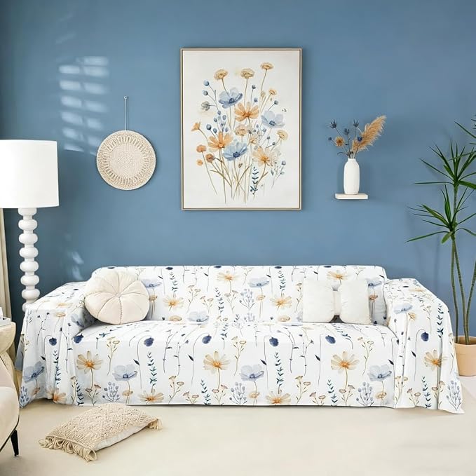 Watercolor Floral Couch Covers Blue Beige Flower Sofa Cover 71" X 150" Modern Minimalist White Couch Protector Rustic Farmhouse Washable Non Slip Sofa Slipcover For Living Room Furniture Protector by Erosebridal