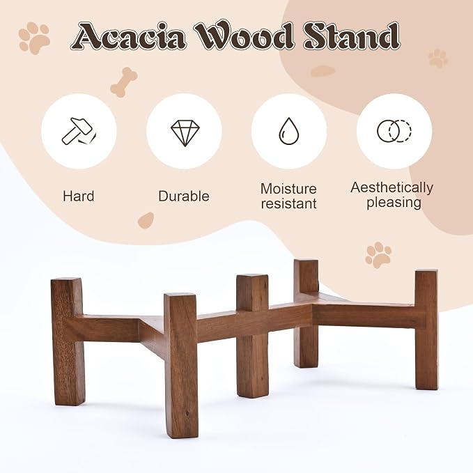 SPUNKYJUNKY Acacia Wood Stand Dog Bowl Set Raised, Ceramic Dog Food & Water Bowl for Medium Dogs (28.74 OZ, White) - Image 4