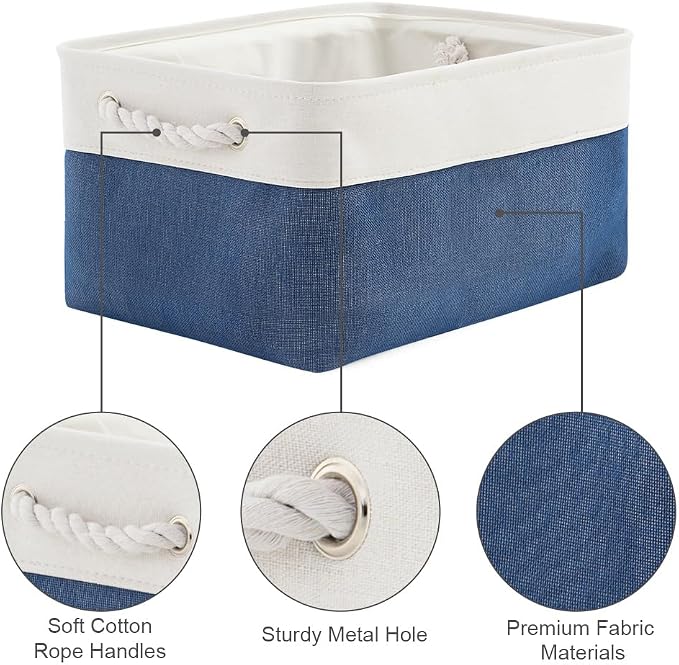 TheWarmHome Storage Basket for Organizing - Medium 3 Pack 14x10x7 inch Fabric Storage Cubes for Shelves with Rope, Collapsible Storage Bin for Organizer Closet Cloth Gift Toy (White & Jean Blue) - Image 6