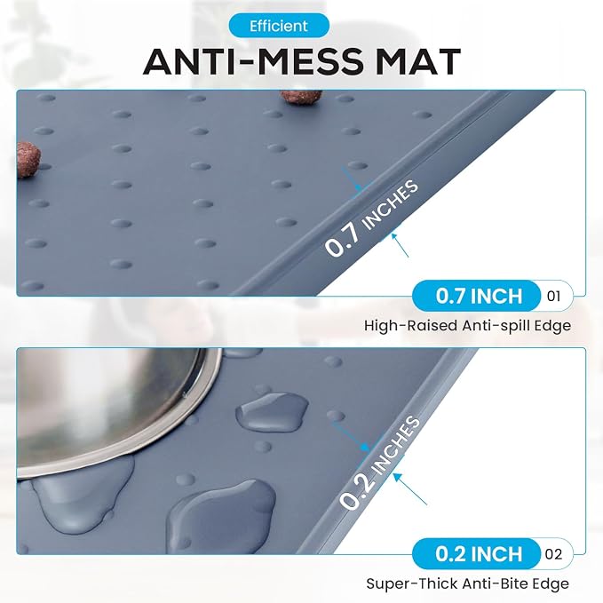 Food and Water Pet Mat, Silicone Bowl Mat - 29' x 16.6' - Residue Collection Pocket, High Edges for Dogs and Cats, Navy Blue - Image 4