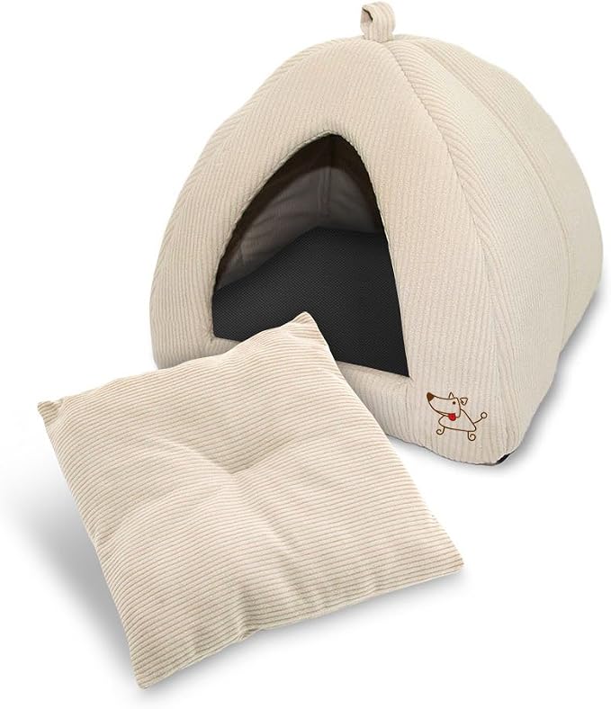 Best Pet Supplies Cat Bed for Indoor Cat, Domed Tent House with Removable Pillow, Covered Cat Cave for Small Dog, Puppies and All Breeds of Cats - Corduroy Beige, 16 x 16 x H:14" - Image 2