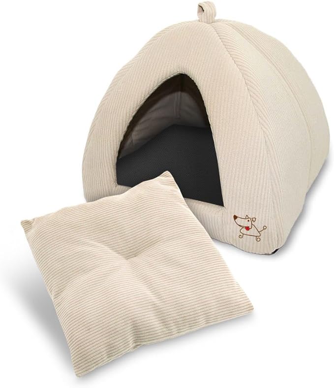 Best Pet Supplies Cat Bed for Indoor Cat, Domed Tent House with Removable Pillow, Covered Cat Cave for Small Dog, Puppies and All Breeds of Cats - Corduroy Beige1, 19 x 19 x H:19" - Image 2