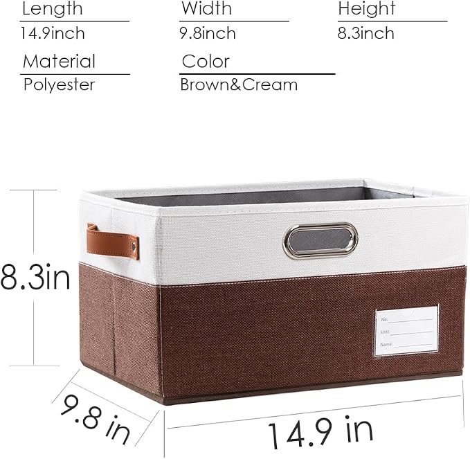 PRANDOM Foldable Storage Bins with Handles [3-Pack] Fabric Collapsible Storage Boxes Baskets Cubes Containers with Handles for Closet Living Room Bedroom (Brown & White 14.9x9.8x8.3'') - Image 4
