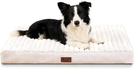 Orthopedic Dog Bed for Large Dogs, Firm Egg Crate Foam, Non-Slip Bottom | Machine Washable Cover, Plush Faux Rabbit Fur Top, Pet Beds for Crate, Floor & Car, Up to 50 lbs, Beige, 35"L x 22"W x 3"H by VERABE