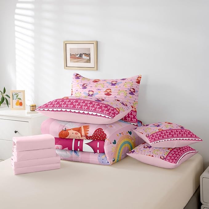 Erosebridal 7 Piece Magical Princess Kids Comforter Set Full Bed in a Bag,Rainbow Girls Bedding Set for Child,Dreamy Pink Bowknot Sheet Set,Girly Cute Bow Bed Set,Pale Pink Stripes Duvet Insert - Image 6